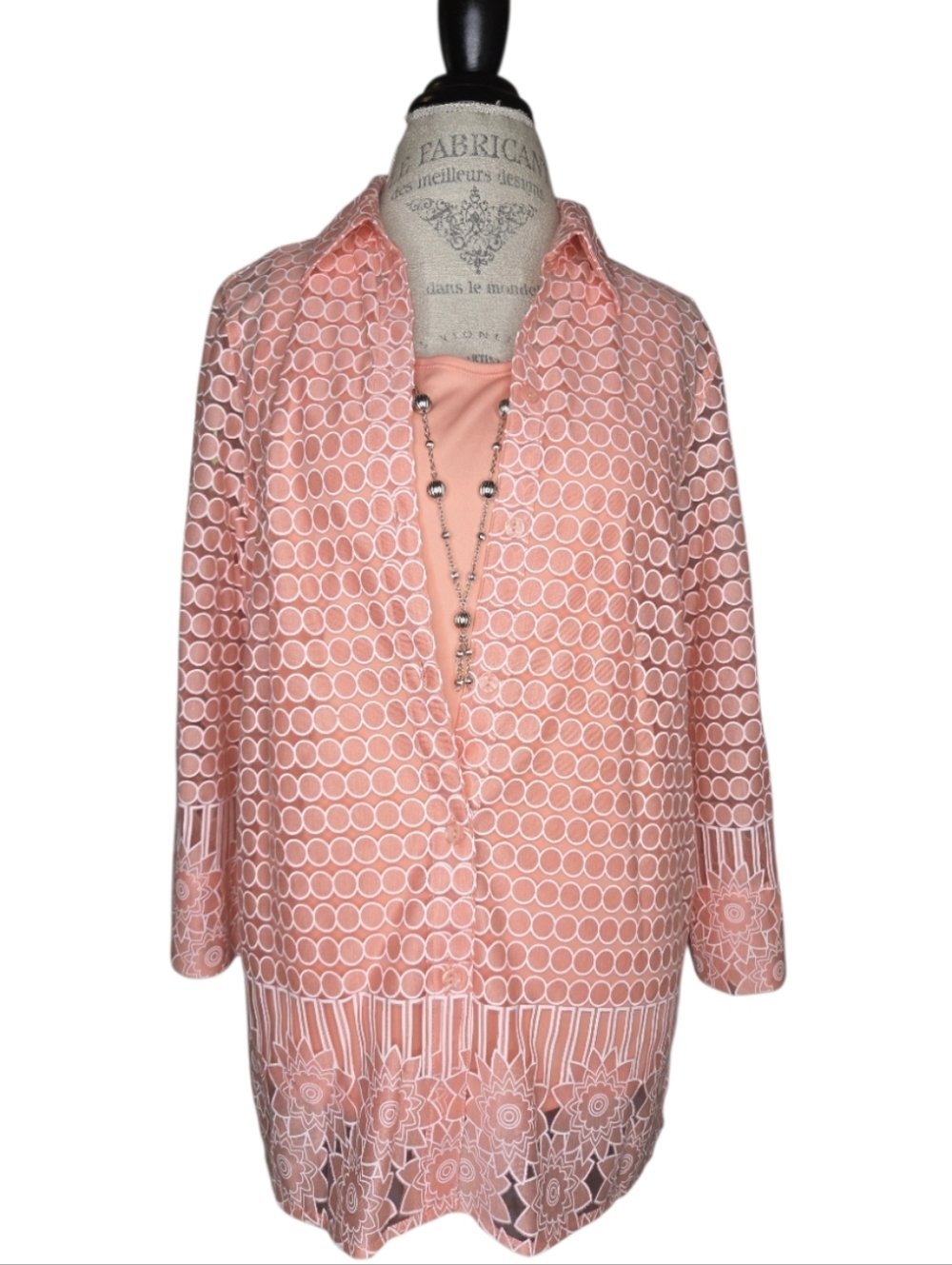 Alfred Dunner Peach Shear Blouse With Tank Top And Attached Necklace NWT Size M